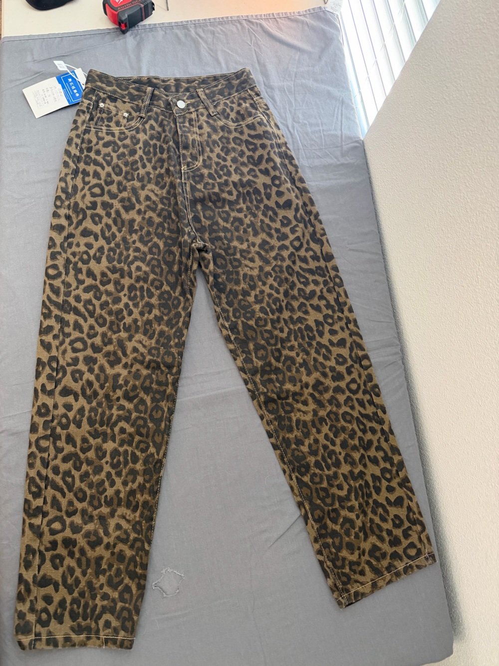 Leopard Print Denim Straight Leg Barrel Pants Size Small- Brown